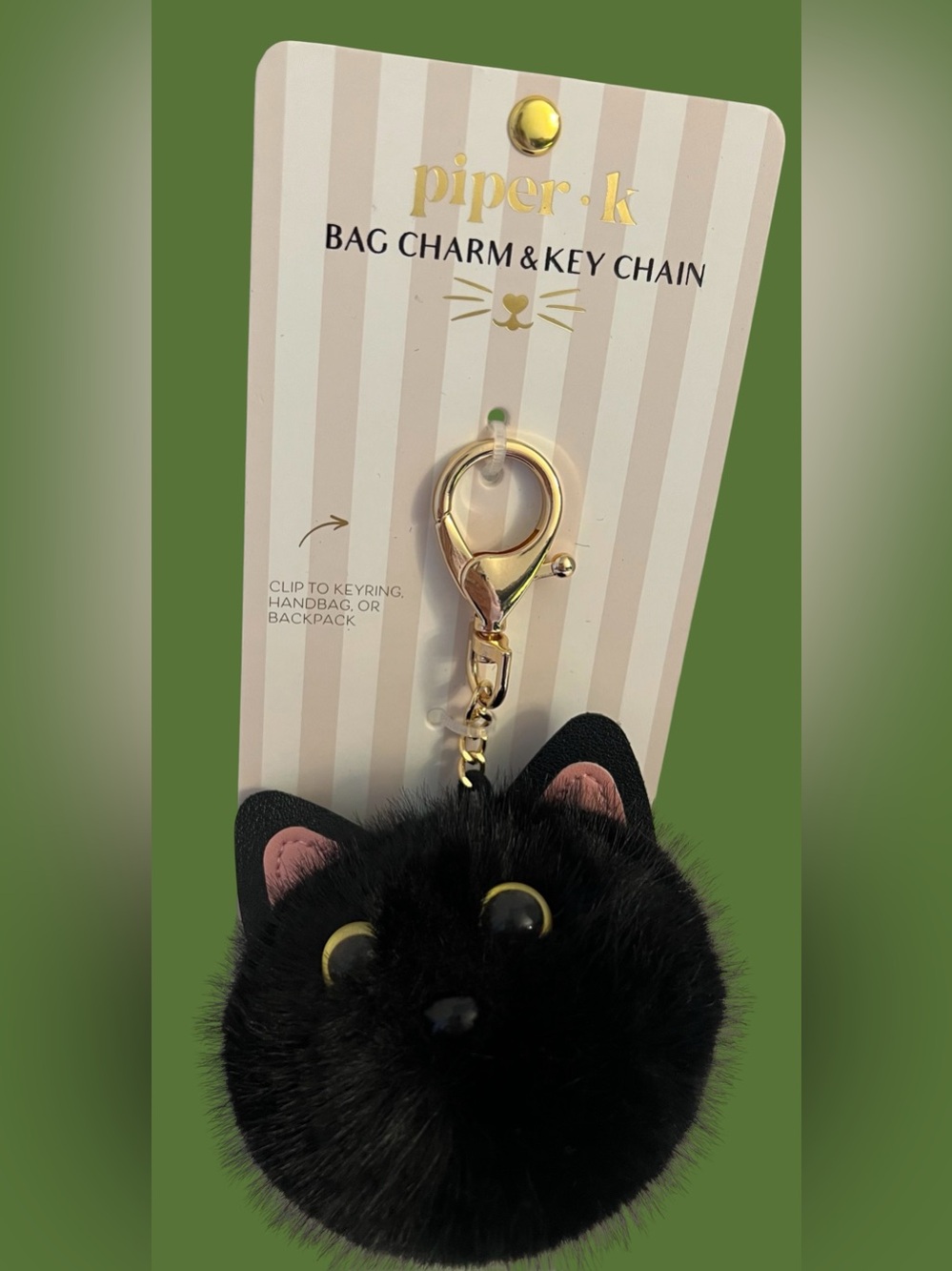 Piper.k Black Faux Fur Cat Bag Charm Key Chain with Gold Clip - Paper K